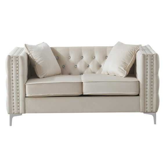 French Flair Loveseat - Velvet Tufted Sofa with Nailhead Trim - 63" Ivory