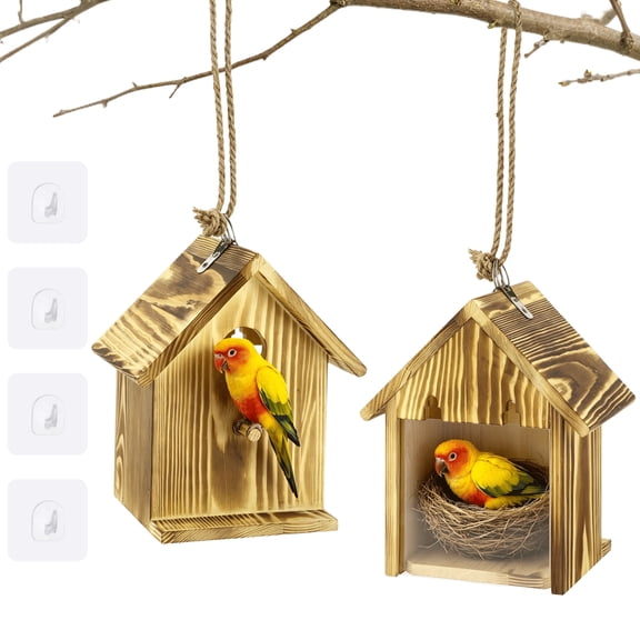 2PCS Pinewood Birdhouses with 4 Hooks, 6.8" x 4.9" x 8.3" Wooden Bird House with Transparent Window & Perching Rod, Bird Nesting Box for Bluebird Finch Chickadee