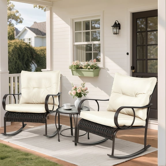 Outdoor Conversation Set of 3, Outdoor Patio Rocking Chair Set with Cushions & Coffee Table, All Weather Wicker Patio Furniture Set, Ideal for Patio, Poolside, Yard, Deck, Coffee Bar
