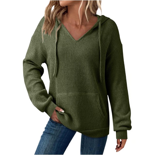 Hoodies for Women Knit Sweaters Tops Lightweight Travel Solid Color Drawstring Hooded Pullover Sweatshirt with Pockets