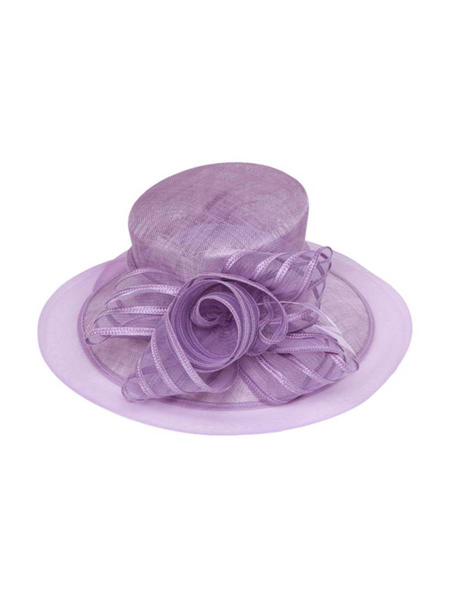 Womens Fashion Wide Brim Sun Hat w/ Floral Bow - Purple