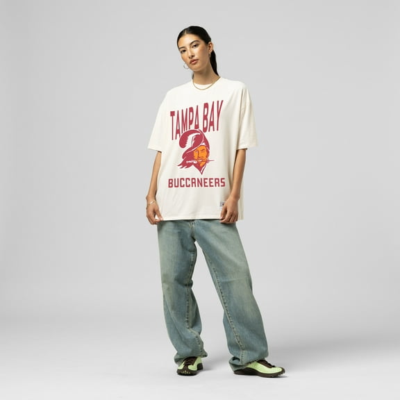 Women's Mitchell & Ness  Cream Tampa Bay Buccaneers Logo Rise Boyfriend T-Shirt