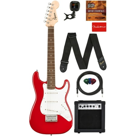Fender Squier 3/4-Size Kids Mini Stratocaster Electric Guitar - Dakota Red Learn-to-Play Bundle with Amplifier, Cable, Tuner, Strap, Picks, Fender Play Online Lessons, and Instructional DVD