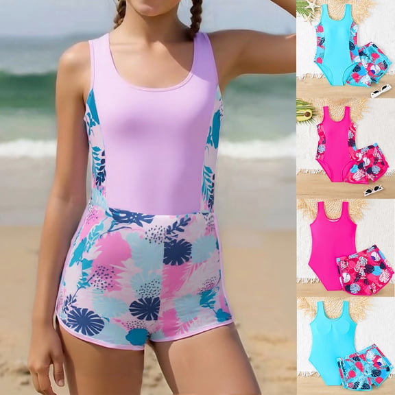 RTKFRFLM Girls Modest Swimwear Set 2-Piece Boyleg One-Piece Style Bathing Suit Blue 12-13 Years