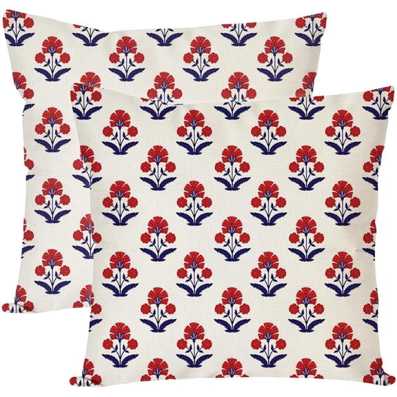 Block Print Throw Pillow Covers 18x18 Inch Set of 2 Red and Blue Vintage Boho Floral Outdoor Decorations Decorative Throw Pillows Cases Cushion Covers for Home Living Room Couch Decor