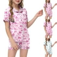 thumbnail image 2 of YUEHUA Valentines Girls Pajamas Silk PJS Set Pink Bow Satin Sleepwear Short Sleeve 2 Piece for Kids Button-Down Nightwear size 7-14, 2 of 5