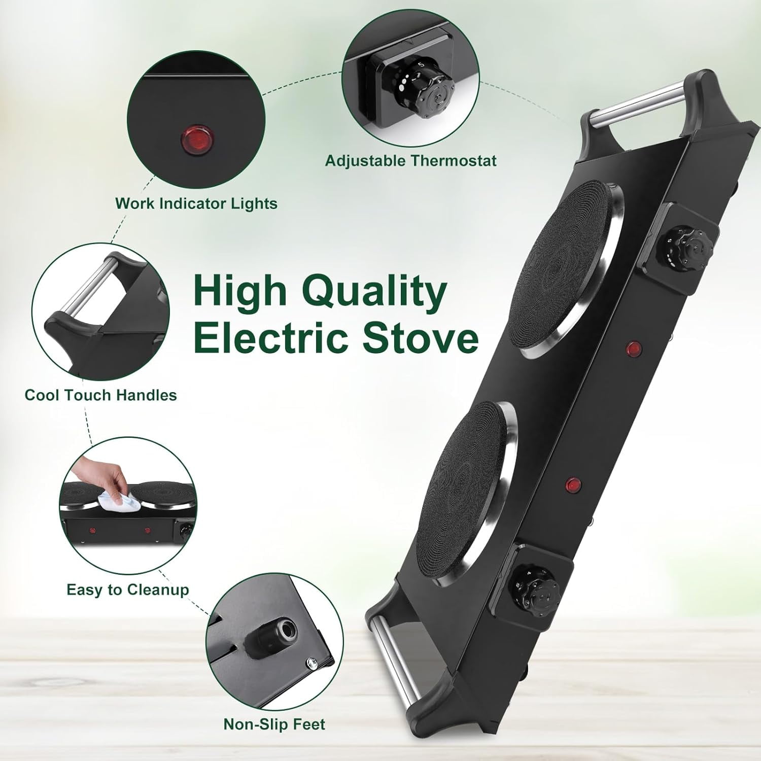 2000W Dual Burner Electric Hot Plate, 5 Temperature Settings (392℉-932℉), Portable Countertop Stove for All Flat Cookware, Fast & Even Heating, Easy to Clean, Ideal for Dorms, RVs, Apartments