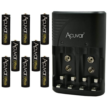 Image of 8 Acuvar AA Rechargeable Batteries + Acuvar 3 in 1 Battery Charger for Double AA Triple AAA and 9V Batteries