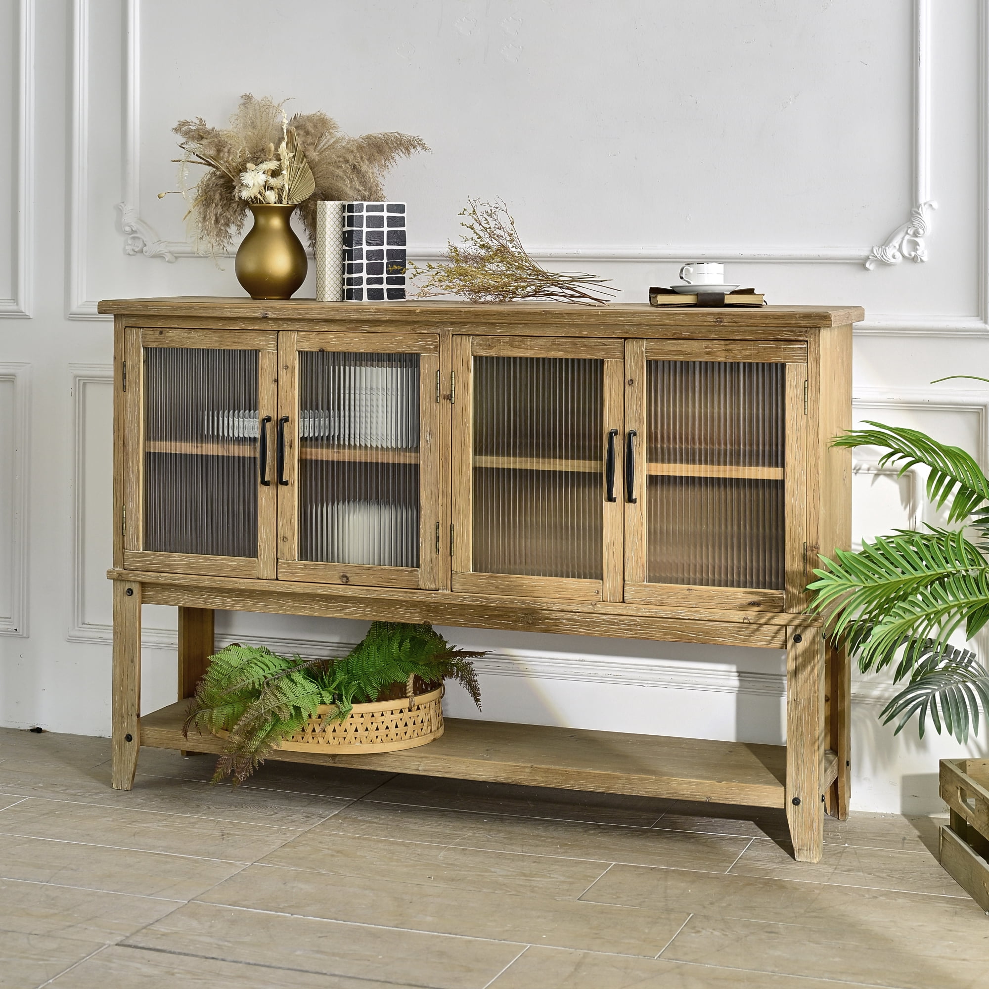 Leumius 59.06" Rectangle Sideboard with Storage Shelf, Accent Glass Door Wooden Rustic Cabinet for Kitchen, Dining Room, Living Room Natural