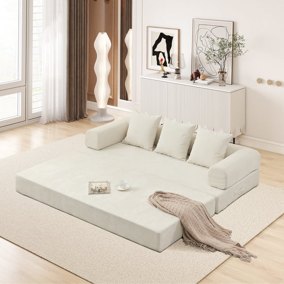 AOOWOW 82.5” Oversized Double Lounge Chaise,velvet Sofa Bed,Upholstered Boneless Cloud Sofa Deep Seat,No Assembly Required,Beige