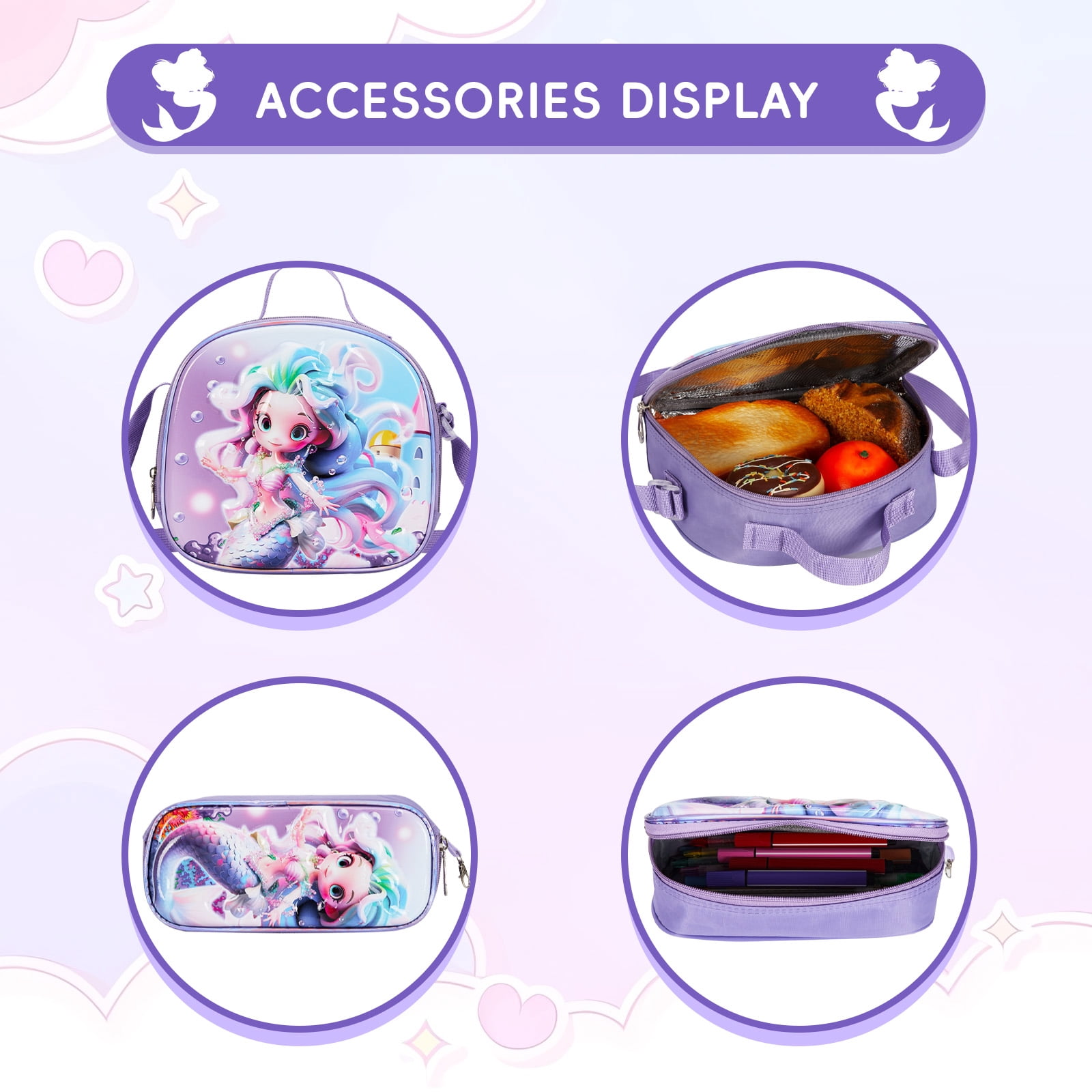 IvyH Rolling Backpack 3pcs Wheeled Backpack Lightweight Waterproof Bag Set with Lunch Bag Pen Case,Purple Mermaid