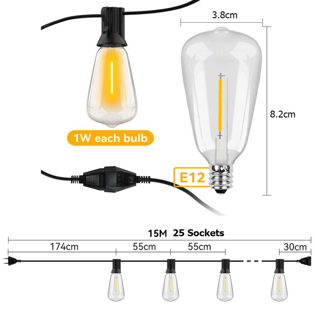 Tira de luces LED impermeables para exteriores, tira de luces de 10M, 15M, 30M, ST38, para Patio, decoración de boda, jardín, cafetería, Backya