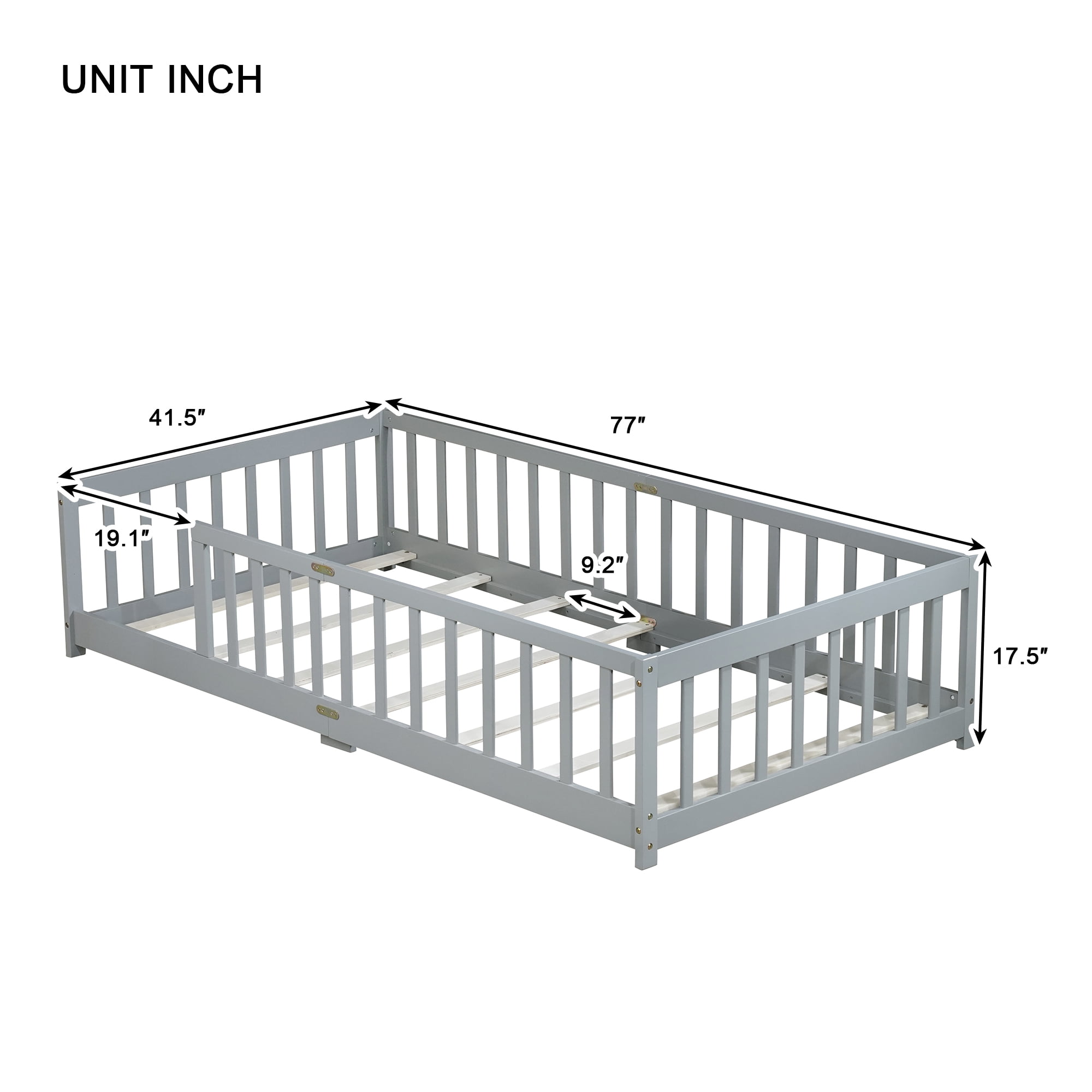 Miniyam Wooden Twin Size Floor Bed with Safety Fence for Kids, Gray