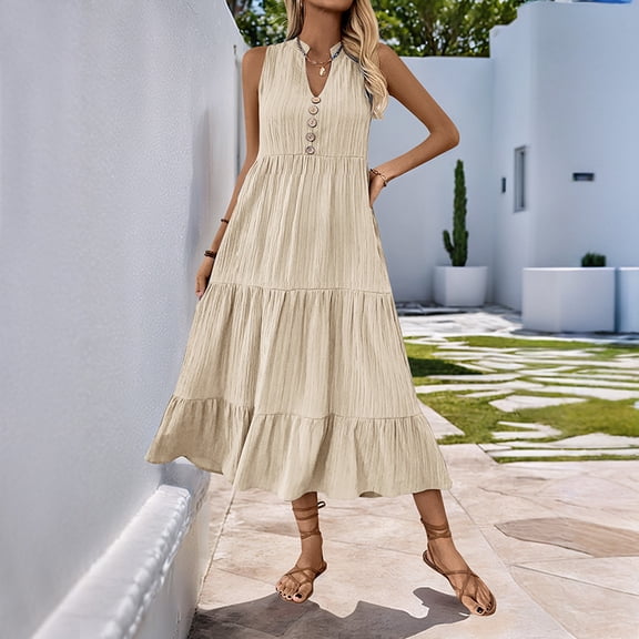 New summer style simple midi dress with buttons, solid color, V-neck, sleeveless design