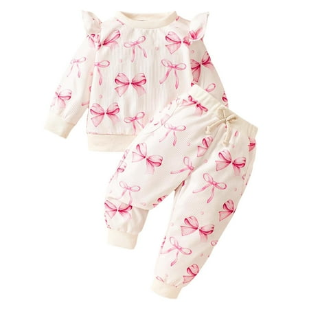 

Xiulive Toddler Girls Long Sleeve Bowknot Prints Tops Shirt Sweatshirt Pants Outfits Casual Soft Matching sets