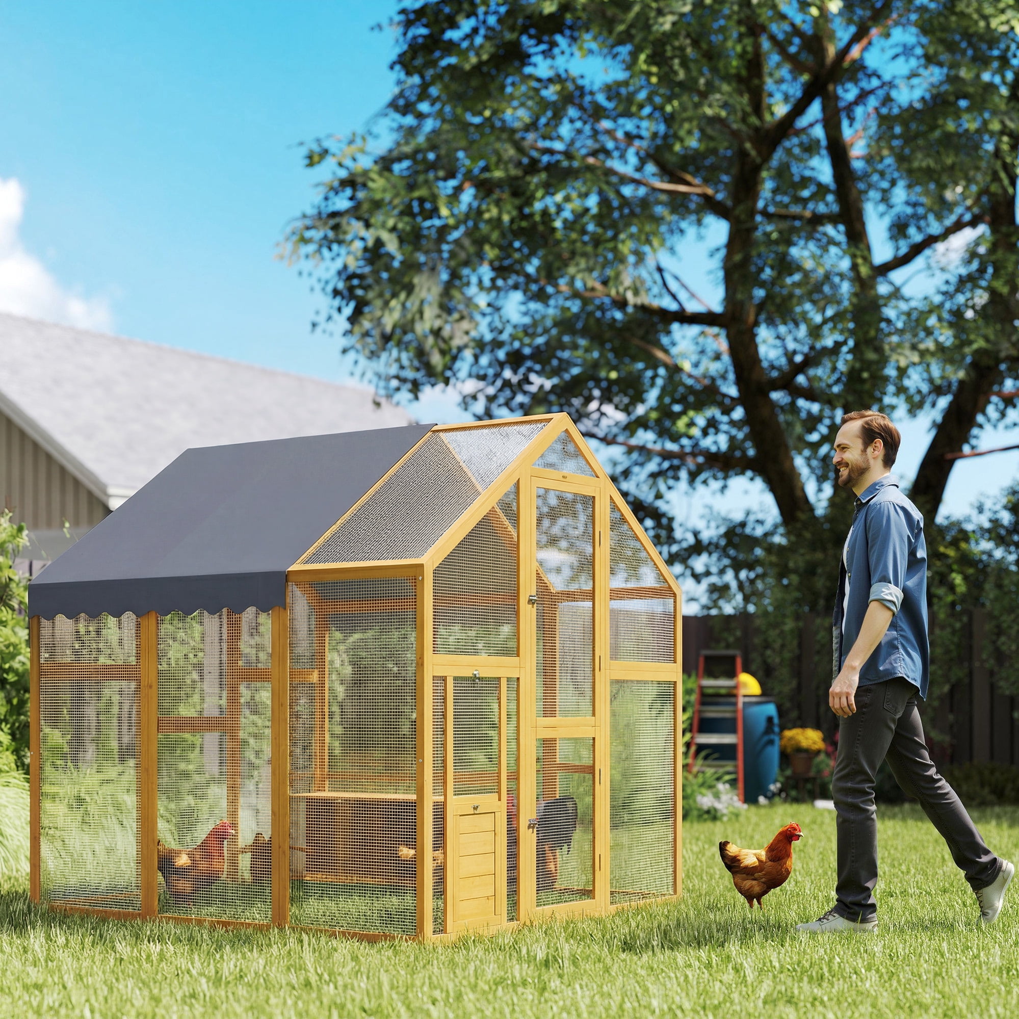 PawHut Large Chicken Run, Wooden Chicken Coop with Waterproof & Anti-UV Cover, Split Door, 2 Nesting Boxes, 2 Roosting Bars, Yellow