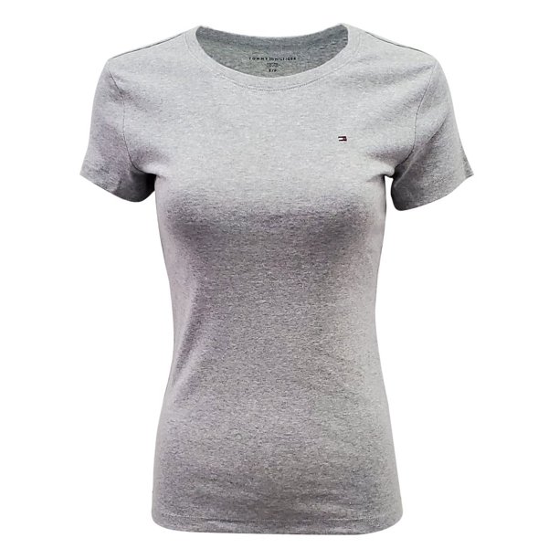 Camiseta Tommy Hilfiger para mujer con cuello redondo y logotipo gris, talla L