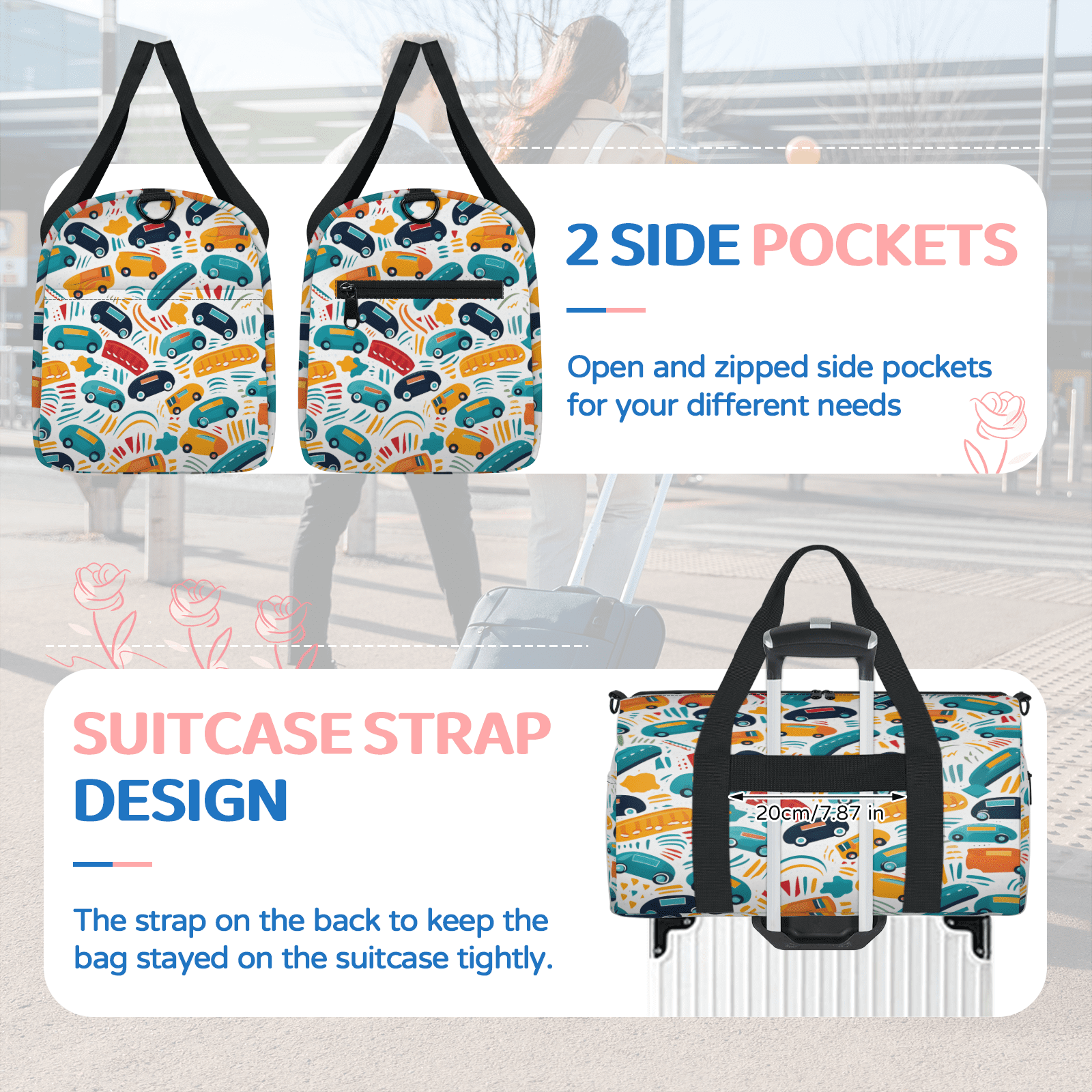 Herdesigns Cute Car Gym Bag for Women, Duffle Bag for Travel Sport, Bus Taxi Lightweight Waterproof Carry on Weekender Dance Yoga Workout Bags