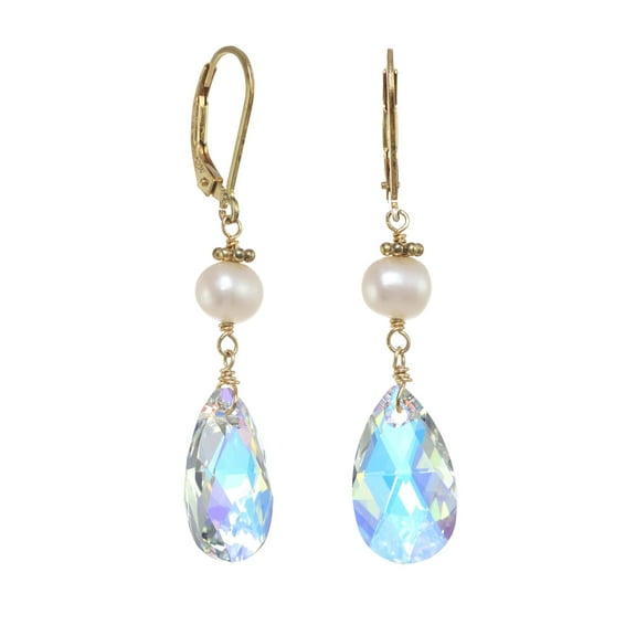 LTC Designs 14k Gold-Filled Lever-back Earrings made with White Potato-shaped Cultured Freshwater (5.5-6mm) Pearls and Aurora Borealis Teardrops, Statement Earrings for Women, Men, and Friends