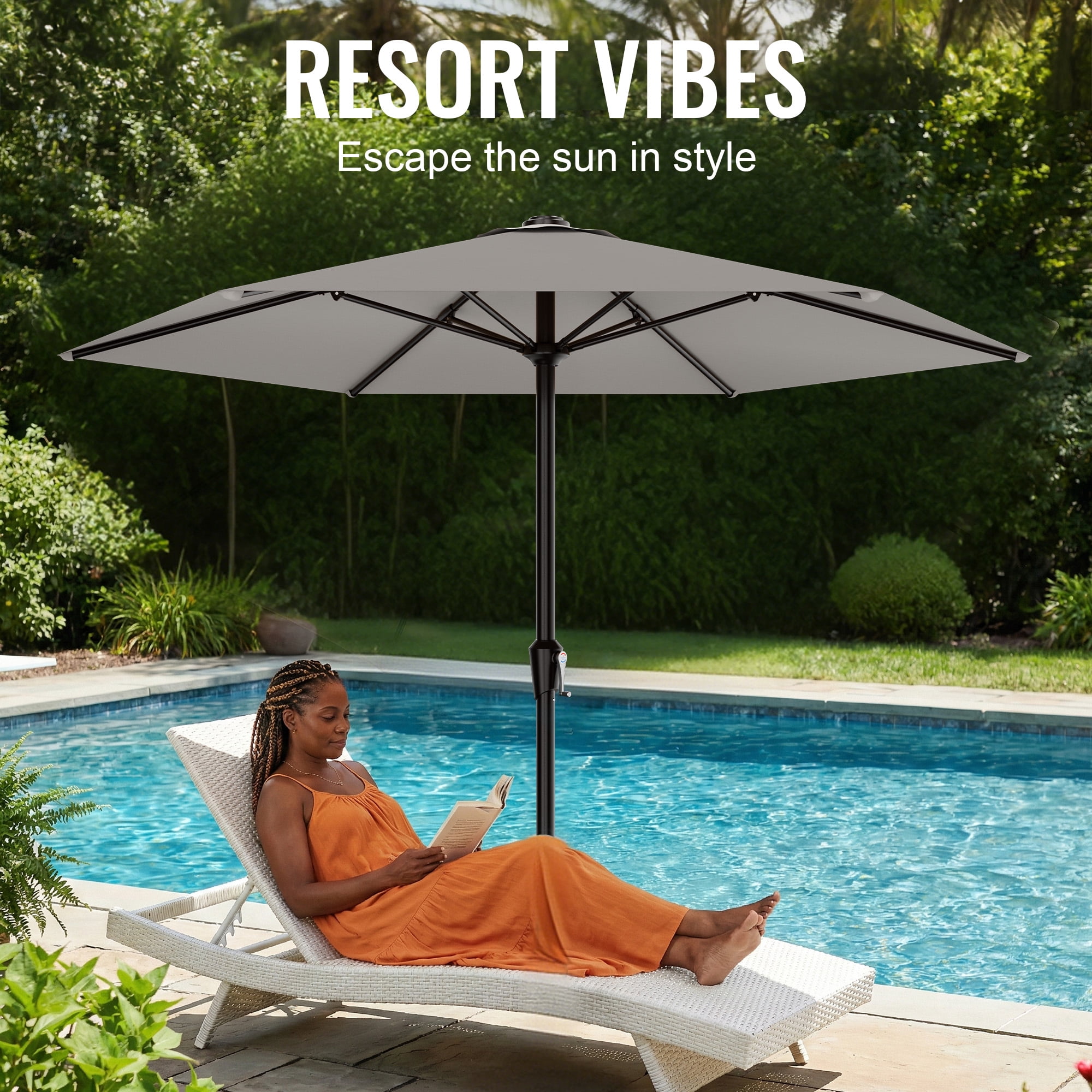 Easthome 9ft Patio Umbrella with Crank Lift System & 6 Sturdy Ribs Waterproof, Patio Table Umbrella Perfect for Poolside, Terrace, Beach and Outdoor Restaurant, Light Gray