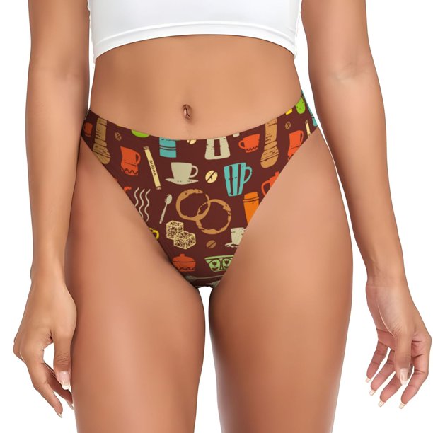Fotbe Retro Coffee Tanga Sin Costuras para Mujer con Estampado – Panties Invisibles, Transpirables y Cómodos para Uso Diario-XX-Large