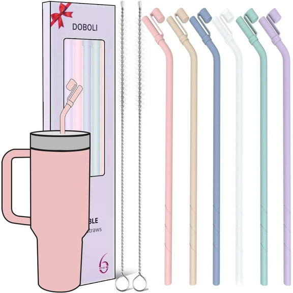 Replacement 13 inch Long Silicone Straw With Straw Cover,Compatible with 40 oz 30 oz Cup Tumbler, 6 Pack Reusable Bent Straw with Cleaning Brush,for Tumbler Accessorie