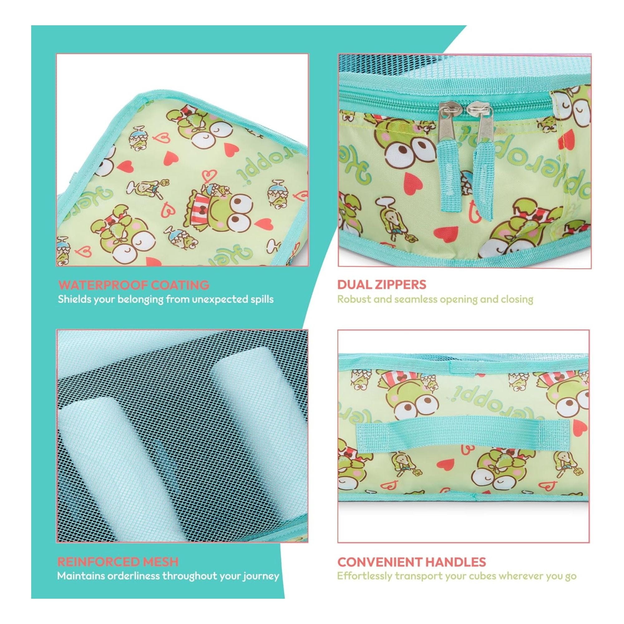 Sanrio Hello Kitty Kerropi Packing Cubes, 5 Piece Set Organizer Travel Essentials for Kids and Adult Green