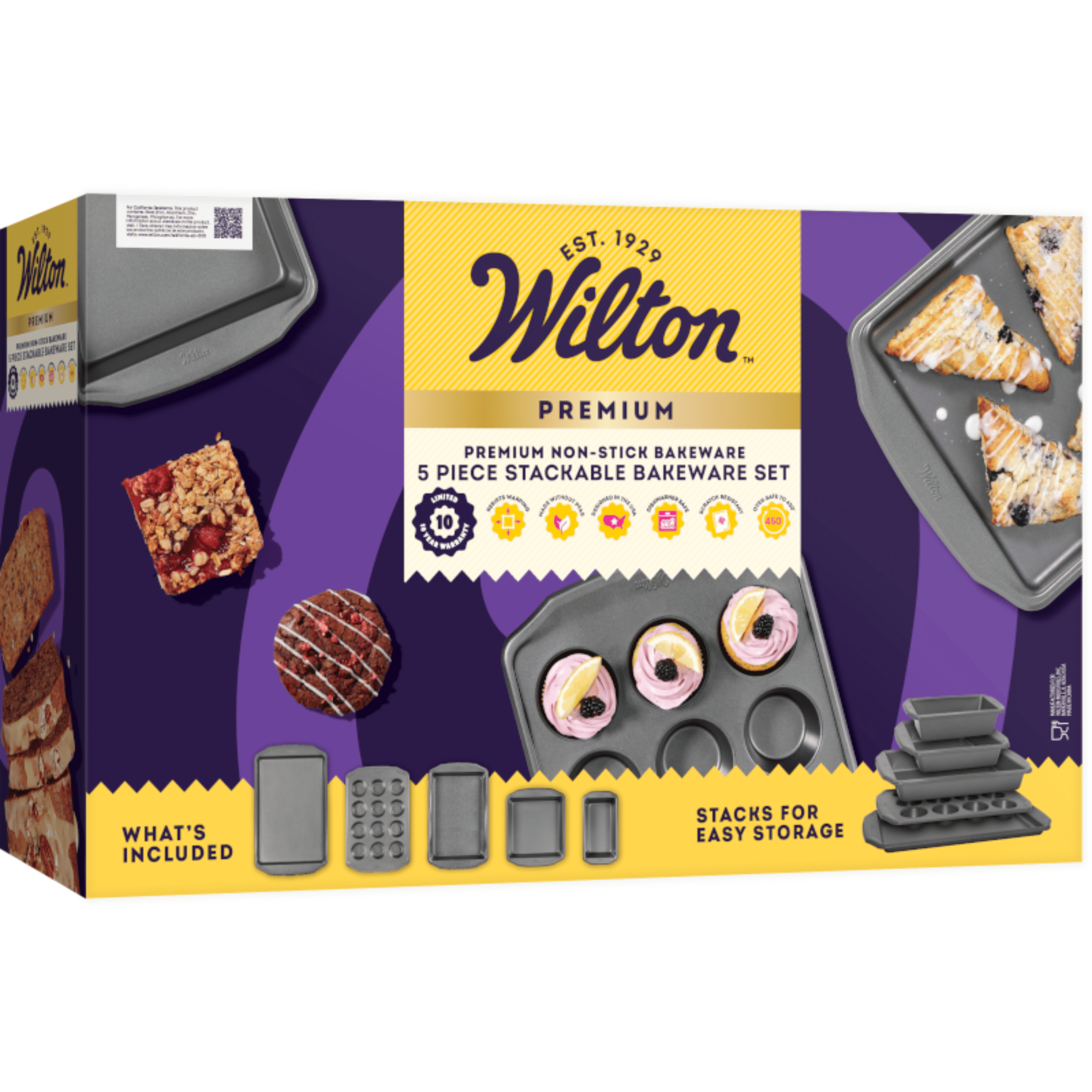 Wilton 5-Piece Premium Stackable Non-Stick Bakeware Set, Great Gift for Housewarming & Weddings, Includes 12-Cup Muffin Pan, Medium Baking Sheet, Loaf Pan, Square Pan & Oblong Pan