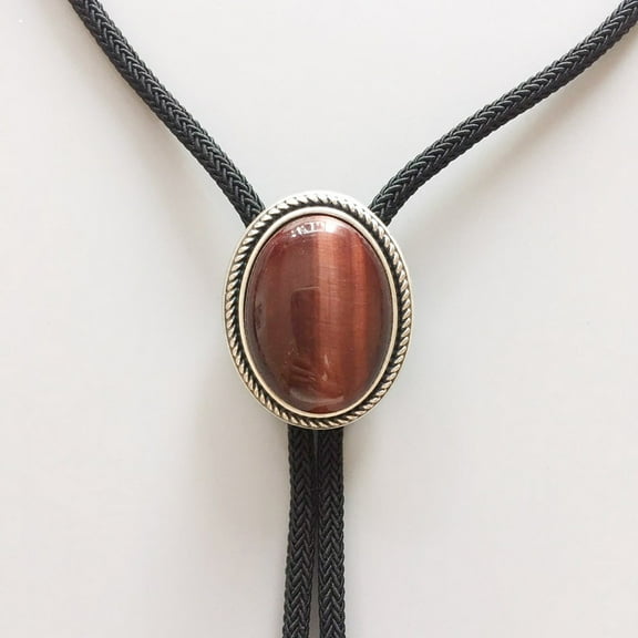 Vintage Silver Plated Red Tiger Eye Stone Oval Bolo Tie