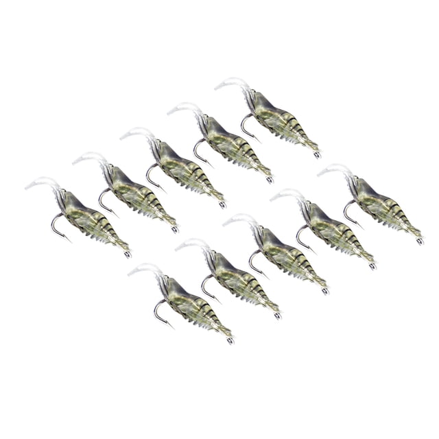 10 señuelos de pesca de lubina con simulación de camarones, suaves y anzuelos.