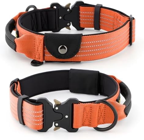 Tactical Dog Collar with Tracker Pocket for AirTag, Adjustable Reflective Nylon Collar, Metal Buckle, Leather-Wrapped Handle, Soft Padded for Medium Large Dogs (Orange, L)