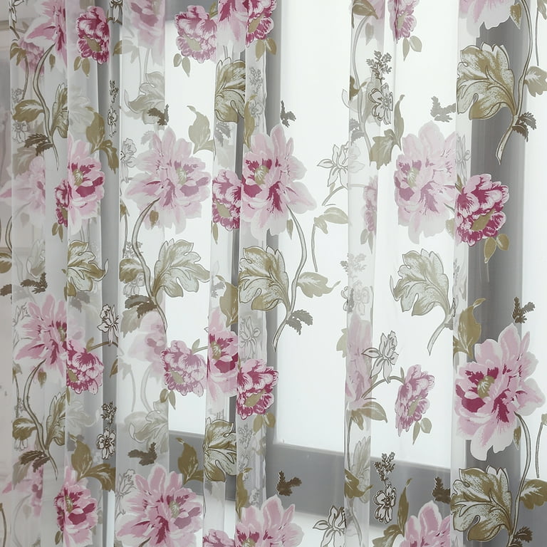 Peony Tulle Curtains for Living Room Floral Window Sheer Curtain (Pink)