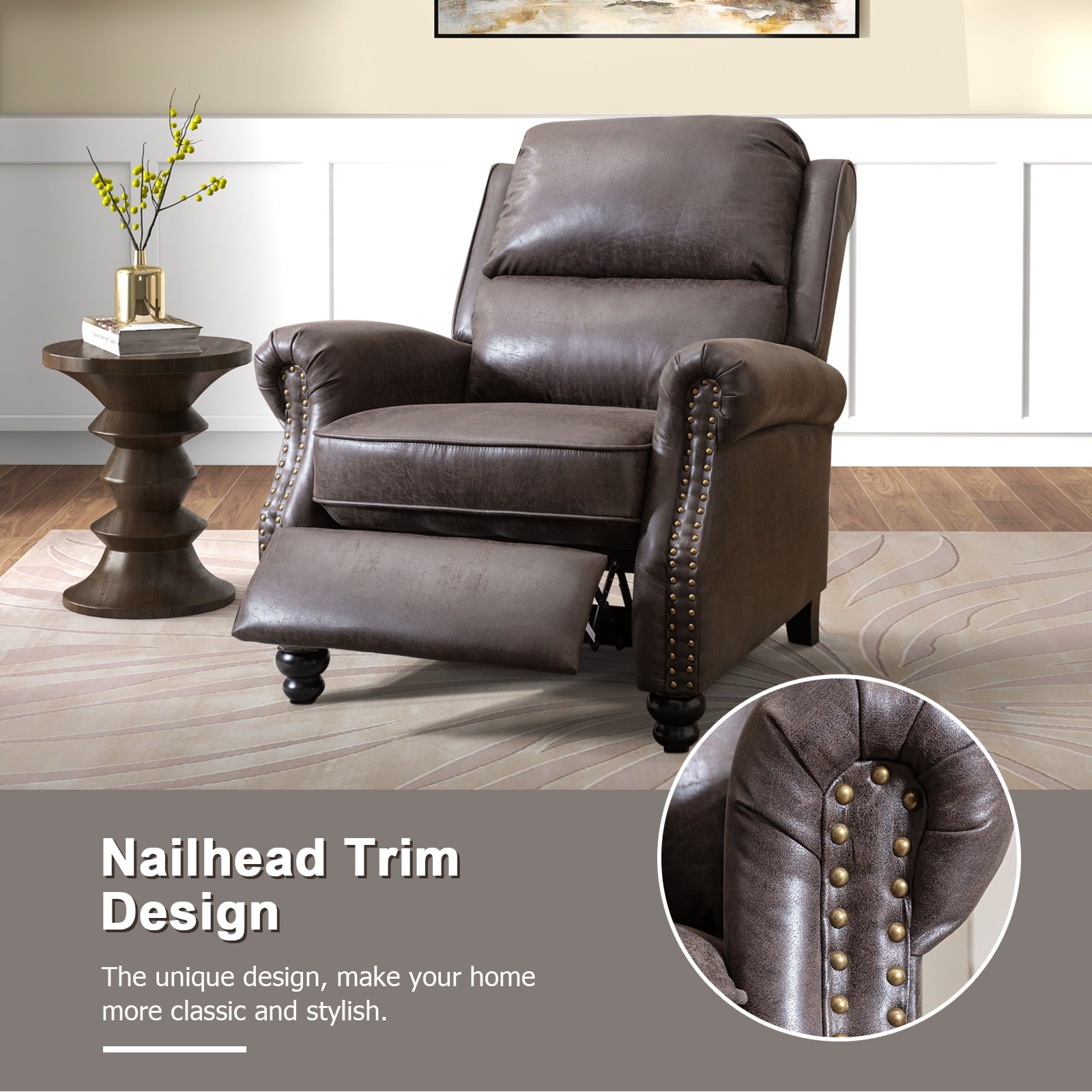 Ebello PU Leather Pushback Recliner Chair with Nailhead Trim - Vintage Style Push Back Lounge Chair for Bedroom & Living Room 350lbs Capacity, Dark Grey
