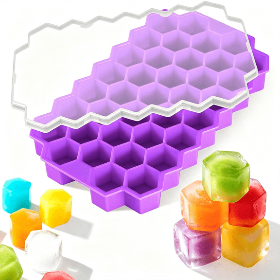 ACDANC Silicone Mini Ice Cube Tray with Lid and Bin,3Pcs Ice Trays for Freezer,Mini Ice Maker,Ice Cube Mold,Small Ice Cube Trays,Crushed Ice Trays for Whisky,Beer,Drinking(Purple)