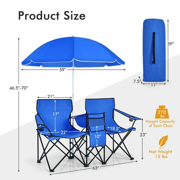 COSTWAY Portable Folding Picnic Double Chair W/ Umbrella Table Cooler Beach Camping