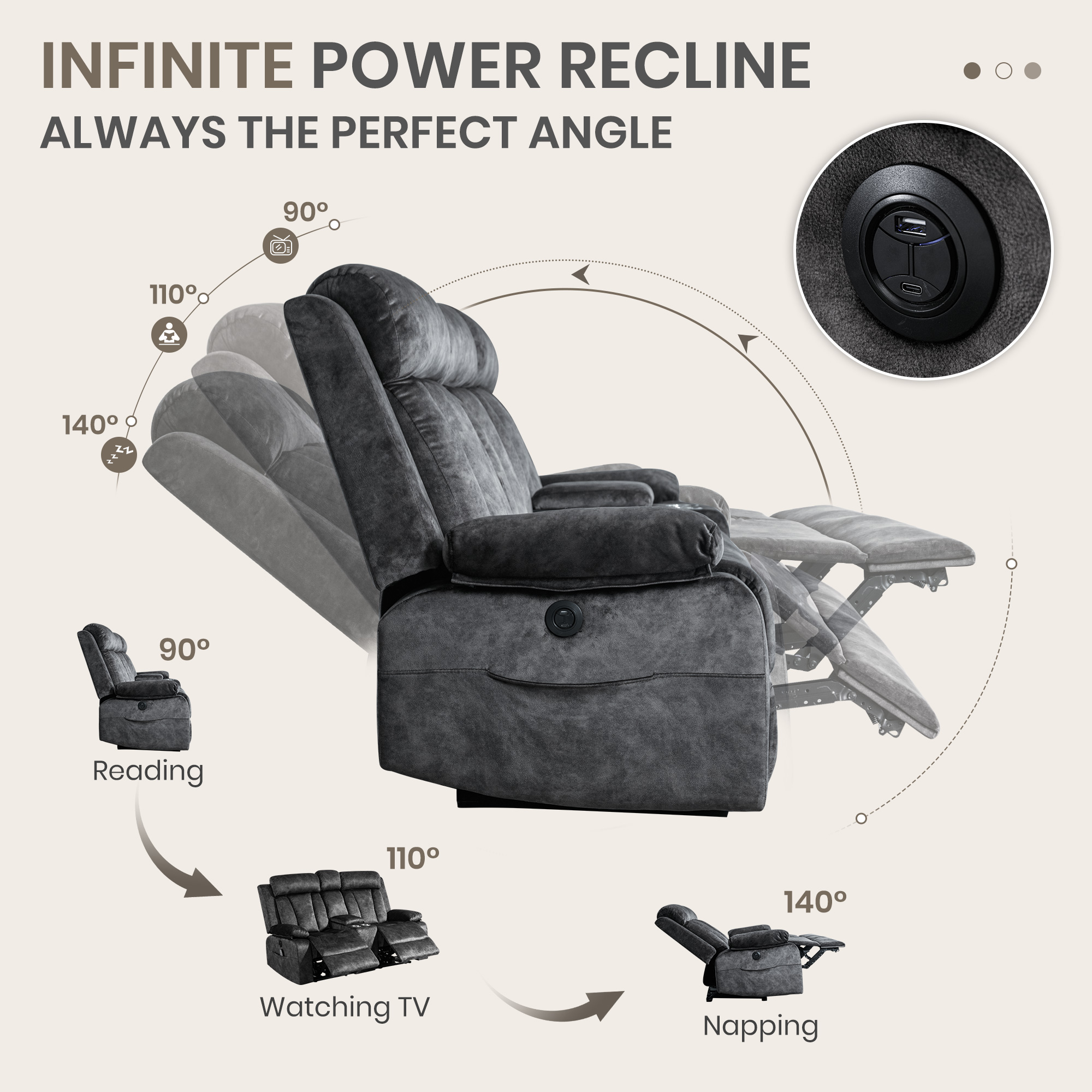 Reclining Loveseat-Power Reclining Loveseat with Console,Double Recliner Loveseat with Heat and Massage,Electric Loveseat Recliner with Cup Holders,USB & Type-C Charge Ports for Living Room,RV