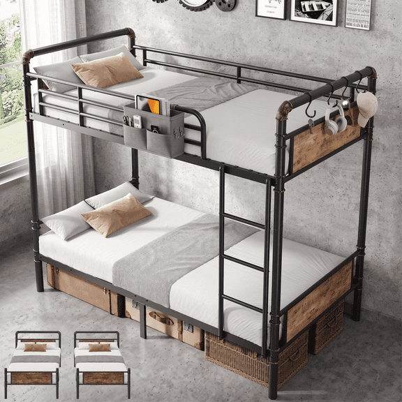 Hijob Twin over Twin Size Metal Bunk Bed (Convertible into 2 Seperate Bed Frame) with Storage Bag&Hooks,Black&Brown