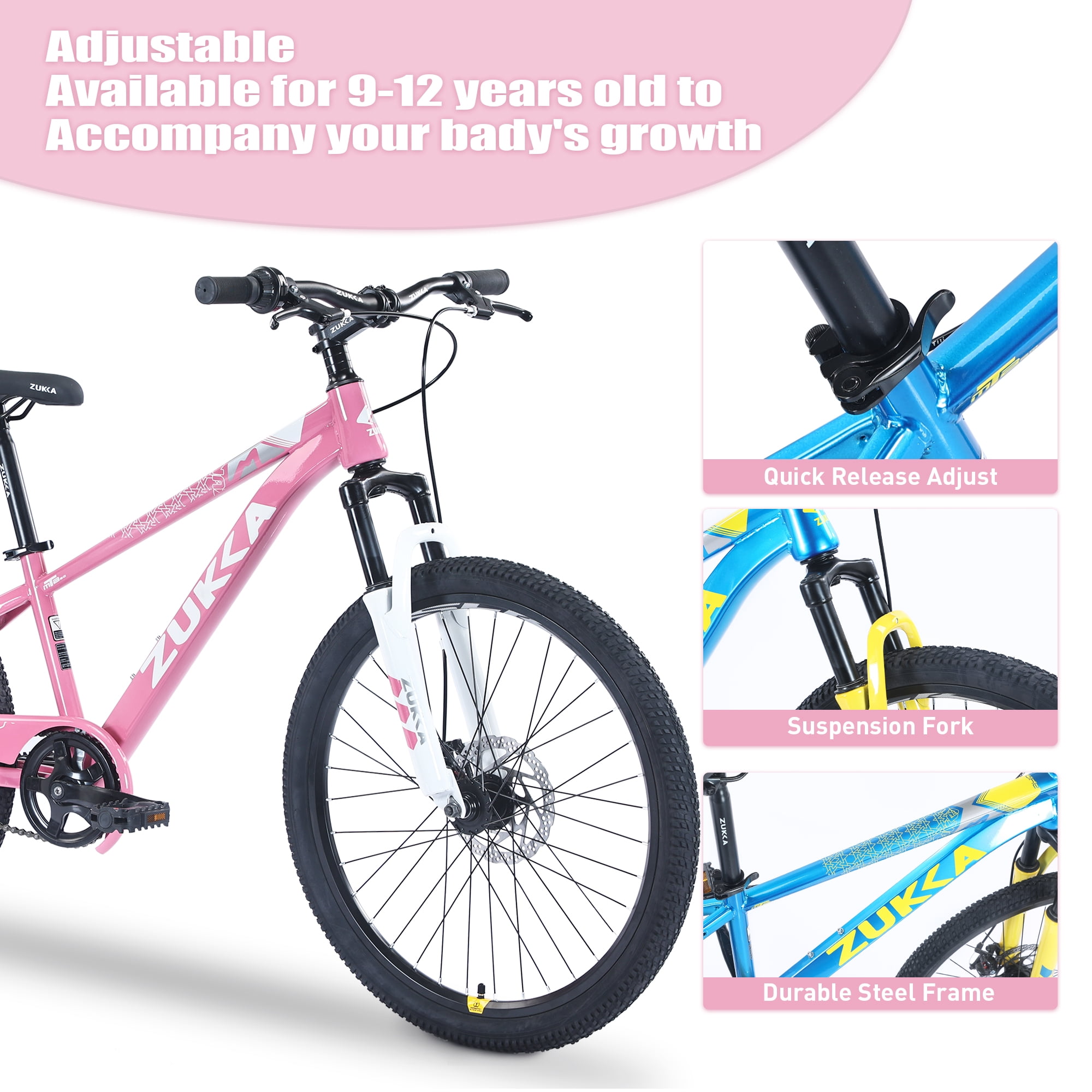 ZUKKA 24 Inch Mountain Bike for Boys and Girls Ages 9-12, Single Speed Kids Bicycle with Suspension Fork and Double Disc Brakes, Adjustable Seat Pink MTB for 56-66 Inch Rider Height
