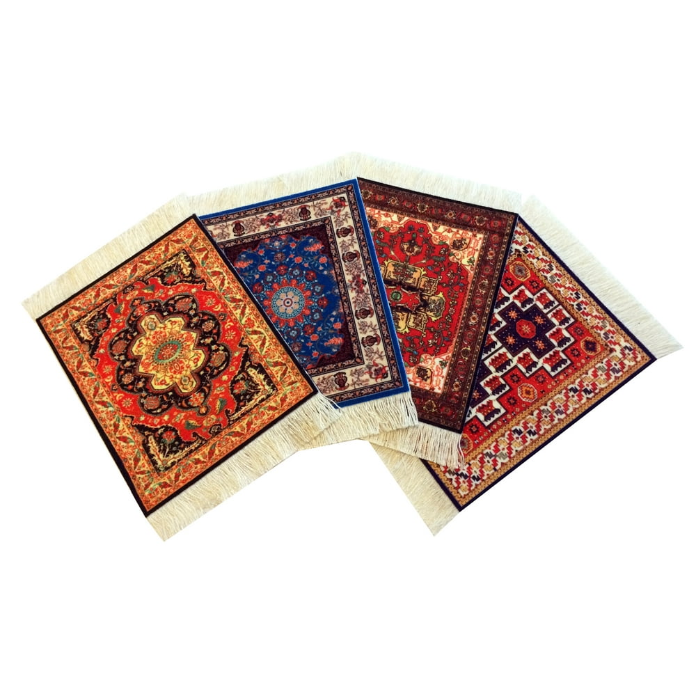 Set of 4 Rug Drink Coasters Table Mats With Oriental Carpet Designs