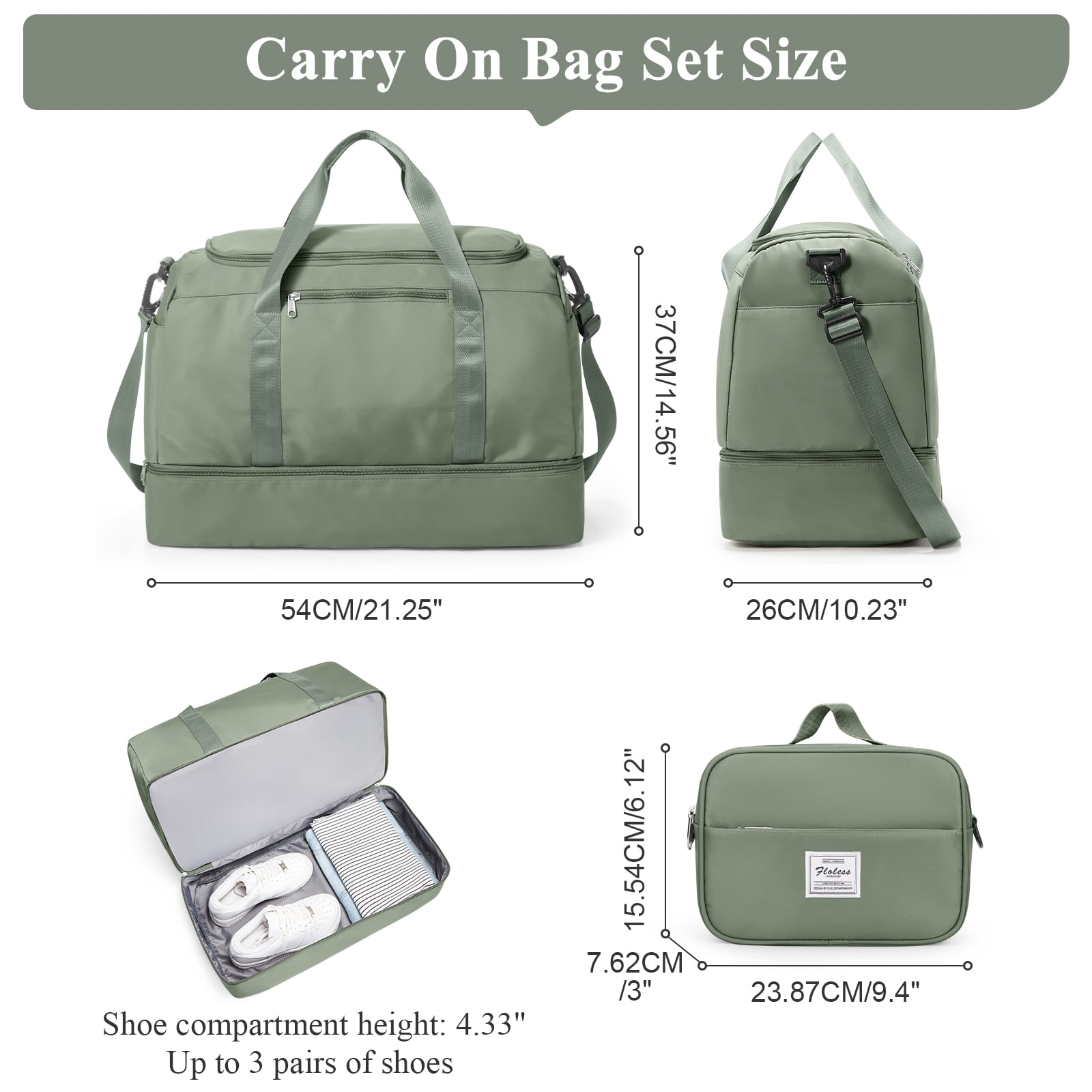 SYCNB Large Travel Duffel Bag, Weekender Overnight Bag for Women, Gym Tote Bag with Shoe Compartment & Toiletry Bag, Carry-On Weekend Bag for Women with Wet Pocket for Travel Business, Green