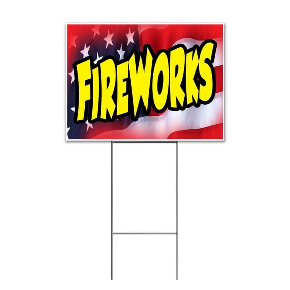 Fireworks American Flag (18" x 24") Yard Sign, Includes Metal Step Stake