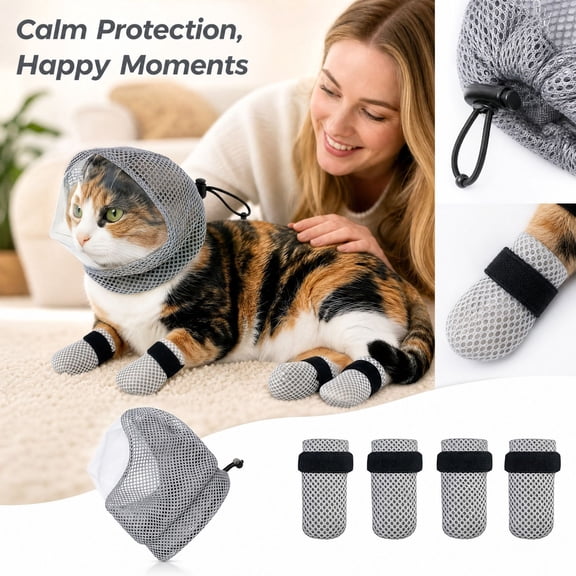 Cat Muzzle for Grooming with Adjustable Mesh Face Mask and 4 Claw Covers, 5-Piece Set, Gray, for Bathing and Nail Trimming