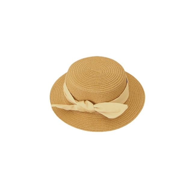 Girl Straw Sun Hat with Bow Solid Color Beach Sun Visor Hat Little Girl