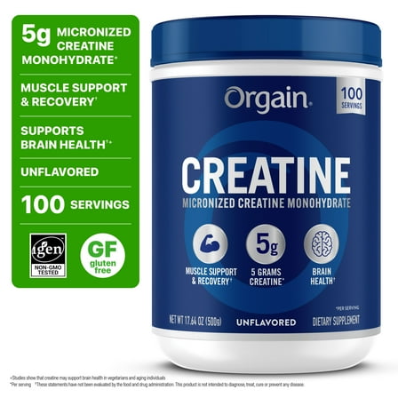 Orgain Creatine Monohydrate Micronized Powder, Unflavored, 100 servings, 17.64oz