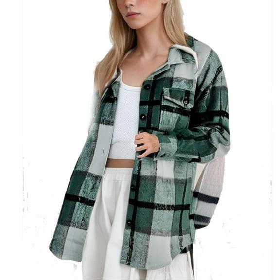 Flannel Shirts FOR Women Oversized Pocket Checkered Long Sleeve Womens Warm Clothes,Dark Green,L