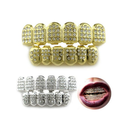 Meigar 14K Gold/Silver Teeth Top Bottom CZ Hip Hop Tooth Cap Grill Set Jewelry