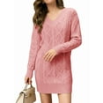 thumbnail image 2 of Womens V Neck Mini Sweater Dress Cable Knit Long Sleeve Casual Loose Fall Tunic Pullover Sweaters Pink L, 2 of 7