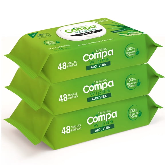 Compa Wipes Toallas Húmedas Desechables, 3 Paquetes , (El Nuevo Papel Higiénico Húmedo), Apto para Desechar en el Inodoro, Hipoalergénicas, Fragancia a Aloe Vera, Hechas con Fibras Naturales, Suaves.