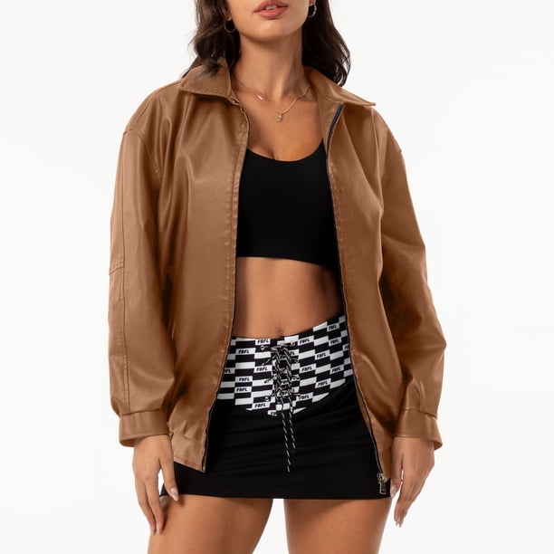 Chaquetas y abrigos de piel sintética de manga larga sin capucha para mujer, de moda, de color liso, con cuello vuelto, cremallera, capucha y sin bolsillo, chaqueta de piel para mujer, parte superior
