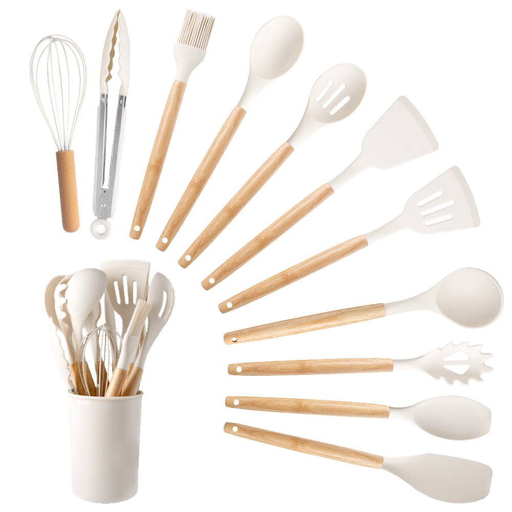 12 Piece Silicone Kitchen Utensil Set Heat Resistant Silicone Kitchen Utensils for Cooking,Kitchen Utensil Spatula Set w Wooden Handles,Holder, BPA FREE Gadgets for Non-Stick Cookware